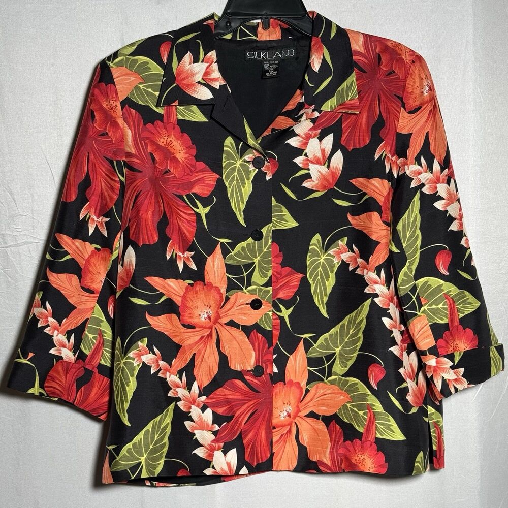 SilkLand 100% Silk Hawaiian Tropical Floral Vacation Shirt Button Up Top Women L